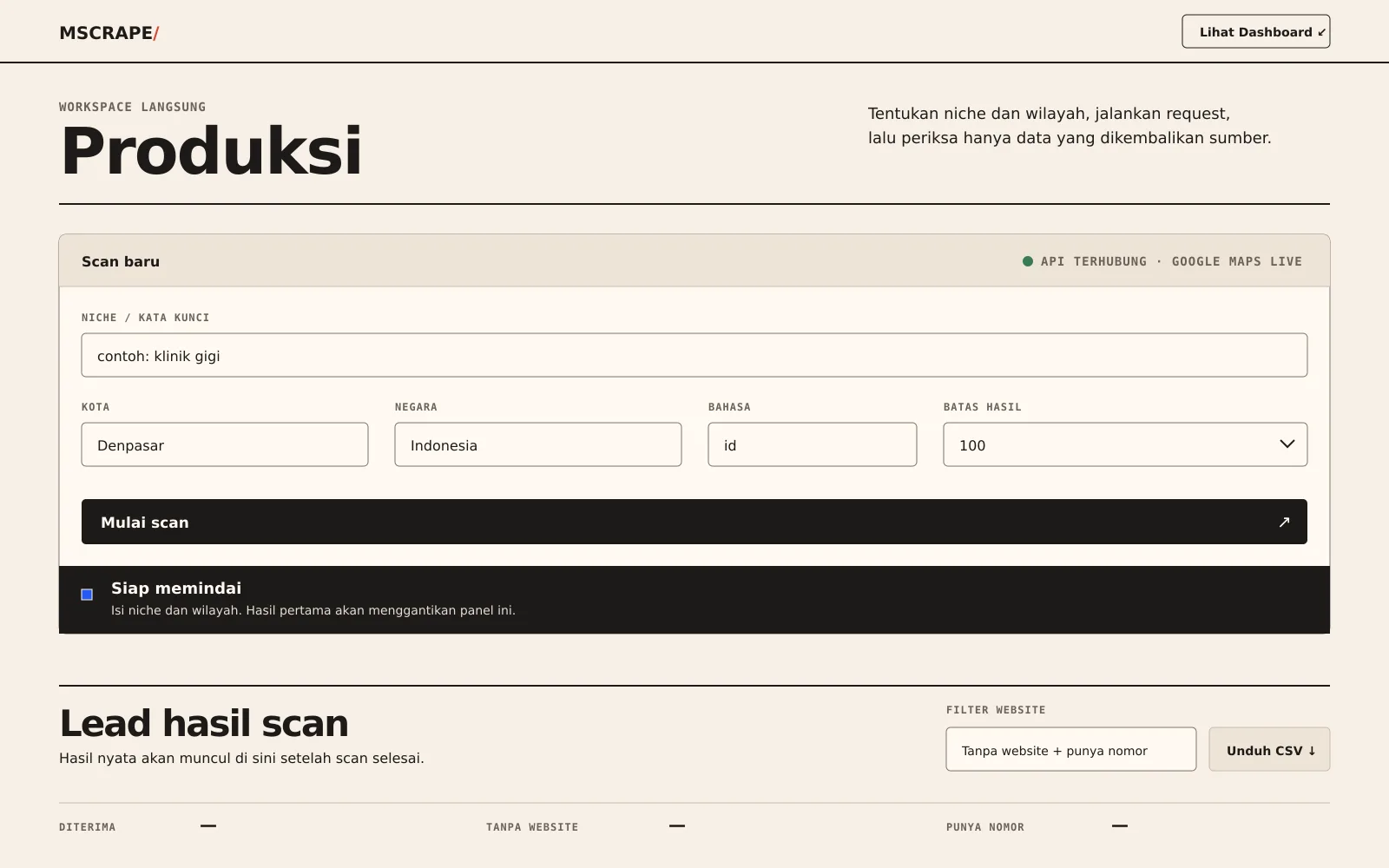 Tampilan halaman Produksi MScrape dengan formulir scan dan panel hasil